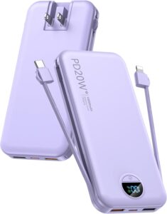 citicr Portable Charger 10000mAh PD20W w/Built-in Cables & Wall Plug Purple | Fast charging, Built-in wall plug, LED display, Charge 5 devices at once, Pass through charging, TSA approved, Pocket size