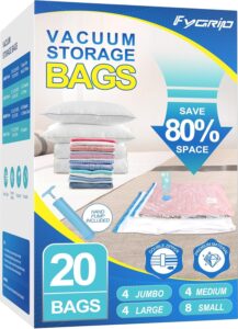 Fygrip 80% Space Saver Vacuum Storage Bags with Hand Pump, 20 Combo | Plastic Packaging Bags, Vacuum Seal Bags for Clothing, Travel Lugggage, Blankets, Comforters